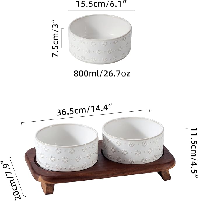 3.6cups Raised Double Cat Bowls Set with Acacia Wood Stand, Wide Whisker Friendly Ceramic Food & Water Bowls for Cats, Puppy, Kitty, Pet Bowl(Double Bowls+Stand, Arctic White)