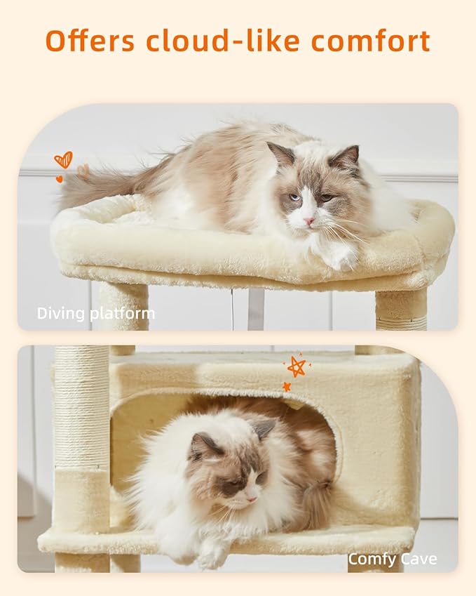 Taoqimiao Cat Tree,49-Inch Cat Tower for Indoor Cats,2 Luxurious cat condo with Adjustable Large Hanging Baskets and Large Luxurious Perch Beige MS029LM