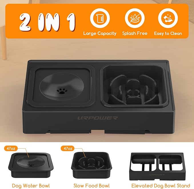URPOWER 2-in-1 Elevated Slow Feeder Dog Bowls with No-Spill Water Bowl, 4 Height-Adjustable Raised Dog Bowls, Non-Slip Food and Water Bowls with Stand for Small, Medium, Large Dogs, Cats and Pets