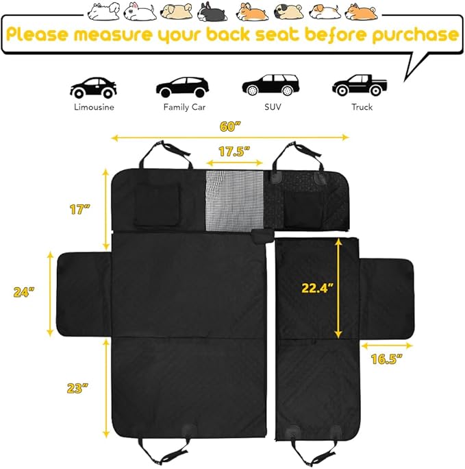 Vailge 6 in 1 Car Seat Cover for Back Seat, 60/40 Split, 100% Waterproof with Mesh Window, Scratch Prevent Anti-slip Dog Hammock, Large