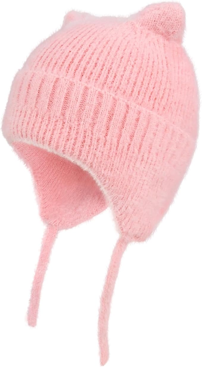 ZOORON Kids Winter Hat for Boys Girls, Cat Beanie Children Knit Skull Cap with Warm Ear Flap, Teen Beanie Hat Age 5-15 Years