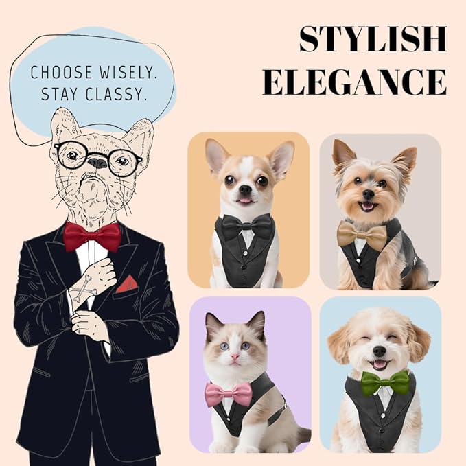 AVERYDAY XS Pet Tuxedo Harness, Wedding Costume Outfit for Small Dogs, Slim Cats and Tiny Pets with 8.3" Neck, 13-14.6" Chest, 10" Max Head Girth, Formal Suit Costume for Mini Breeds