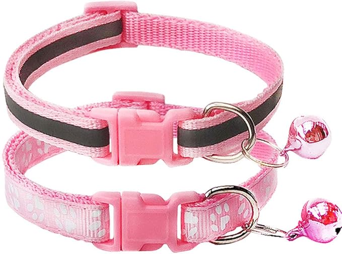 CHBORCHICEN 2-Pack Footprint & Reflective Cat Collar with Bell Basic Dog Cat Collar Buckle Adjustable Polyester Cat Dog Collar or Seatbelts (X-Small, Pink)