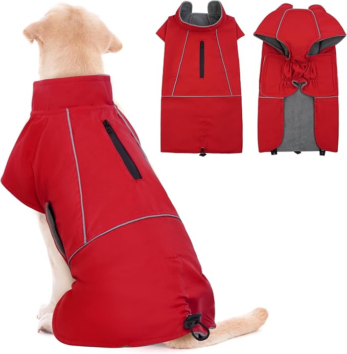 ROZKITCH Dog Raincoat Jacket, Waterproof Windproof Winter Coat with Fleece Liner and Leash Hole Reflective Strip for Large, Adjustable Poncho Vest for Outdoor Hiking Travel Red XL