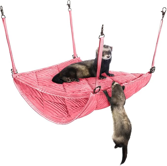 Ferret Hammock for Cage - Plush Double Bunk Bed Hanging Clips - Perfect for 2 or More Small Pets! (Rats, Ferrets, Hamsters, Guinea Pigs, Chinchillas & Squirrels) - Pink