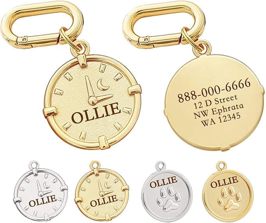 Dogs ID Tags Personalized Double Sided Deep Engraved Cat & Dog Collar Charm Round Shape Frosting Process Silver/Gold Plated (Clock-Gold)