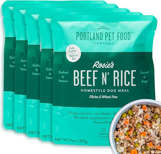 Portland Pet Food Company Fresh Dog Food Pouches - Human-Grade Toppers Wet Pet Meal & Mixers - Small & Large Breed Puppy & Senior Dogs - Gluten-Free, Limited Ingredient Rosie’s Beef N' Rice - 5 Pack