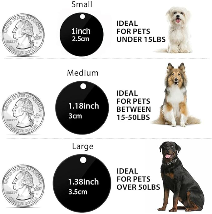 MYXGY Pet ID Tags, Customized Dog Name Tags, Personalized Cat Tags, Round Black Custom Stainless Steel, Engraved on Both Sides for Pets, White Laser Engraving Dog Collar Tag (Round)