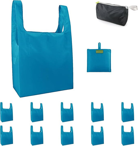 BeeGreen Light Blue Reusable Grocery Bags with Zipper Storage Pouch 10 Packs Blue Reusable Shopping Bags Bulk with Elastic Band Foldable-Machine Washable