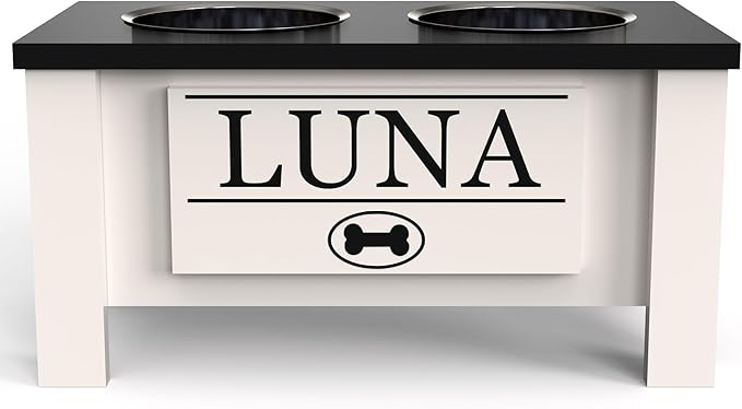 GrooveThis Woodshop - Personalized Elevated Dog Bowl Stand for Large, Medium, Small, X-Small Dogs - Stainless Steel Food and Water Bowls - Raised Dog Dish with Internal Storage (Medium, Black)