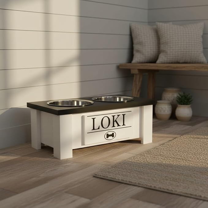GrooveThis Woodshop - Personalized Elevated Dog Bowl Stand for Large, Medium, Small, X-Small Dogs - Stainless Steel Food and Water Bowls - Raised Dog Dish with Internal Storage (Small, Black)