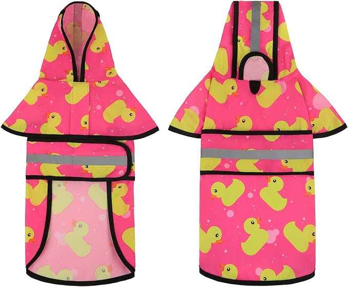 HDE Dog Raincoat Jacket Reflective Adjustable Hooded Pet Poncho Rain Coat with Leash Hole for Small to X-Large Dogs Pink Ducks - M