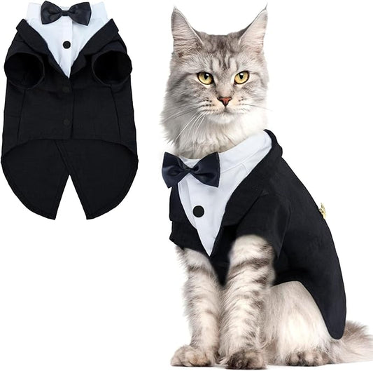 QBLEEV Cat Tuxedo Suit, Cat Halloween Costumes for Cats Only, Sphynx Cat Tuxedo Outfit Costume with Bow Tie, Kitten Formal Attire Wedding Birthday Onesie Clothes for Male Girl Hairless Cats