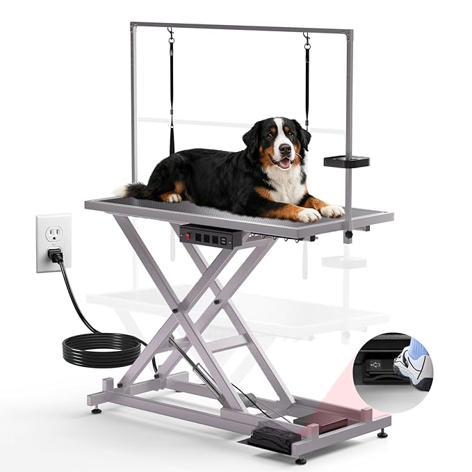 52in Electric Dog Grooming Table, Heavy Duty Adjustable Lift Grooming Table for Large Dogs, Capacity 660IB, with Tool Organizer, Foot Control, Anti Slip Tabletop (White, 51.2 * 24.2INCH)