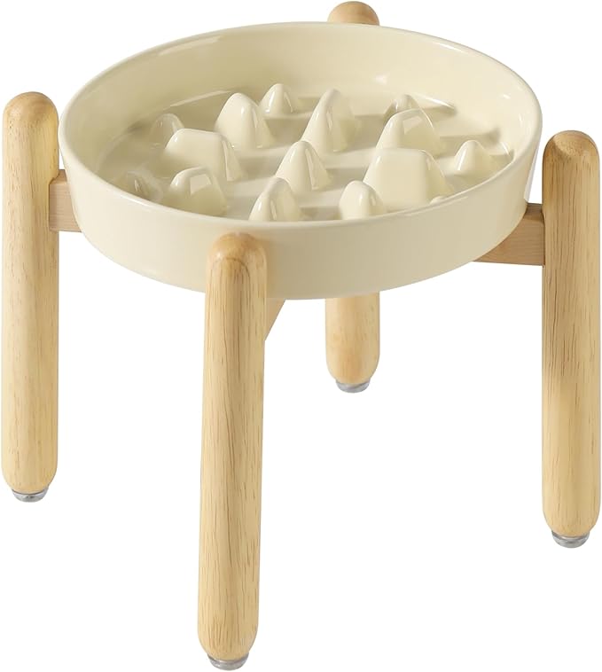 Ceramic 3.2 Cup Dog Raised Slow Feeder Set, Elevated Bowl with Wooden Stand for Large Dog, 9.5inch Slow Feeder Dish for Fast Easters, Anti-Gulping(Beige, Single Bowl+ Stand)