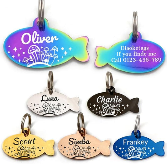 Stainless Steel Cat ID Tag Personalized Pet Tags with up to 4 Lines of Custom Text, Small Pet Mini Dog Cat Tag Lightweight, Engraved on Both Sides, Multiple Patterns Colors Size Options (Mushroom)