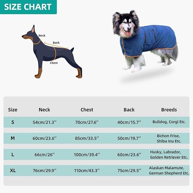 Dog Drying Coat Bathrobe Towel, Microfibre Material Fast Drying Super Absorbent Dog Bath Robe, Pet Quick Drying Moisture Absorbing with Adjustable Collar and Waist