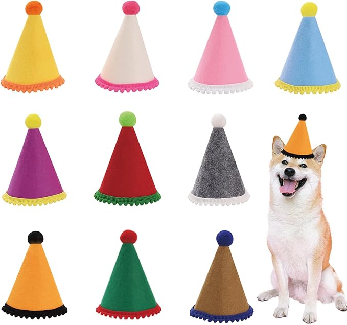 Dog Birthday Hat Set for Small Medium Dogs Cat Puppies, Mini Party Hat with Adjustable Headbands, Cute Pet Hat with Pompons for Birthday Christmas Party Decoration Accessories (Small 3.5 inch 10pcs)