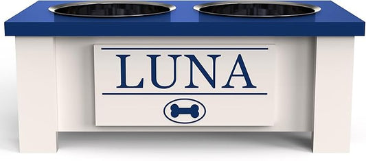 GrooveThis Woodshop - Personalized Elevated Dog Bowl Stand for Large, Medium, Small, X-Small Dogs - Stainless Steel Food and Water Bowls - Raised Dog Dish with Internal Storage (Small, Blue)