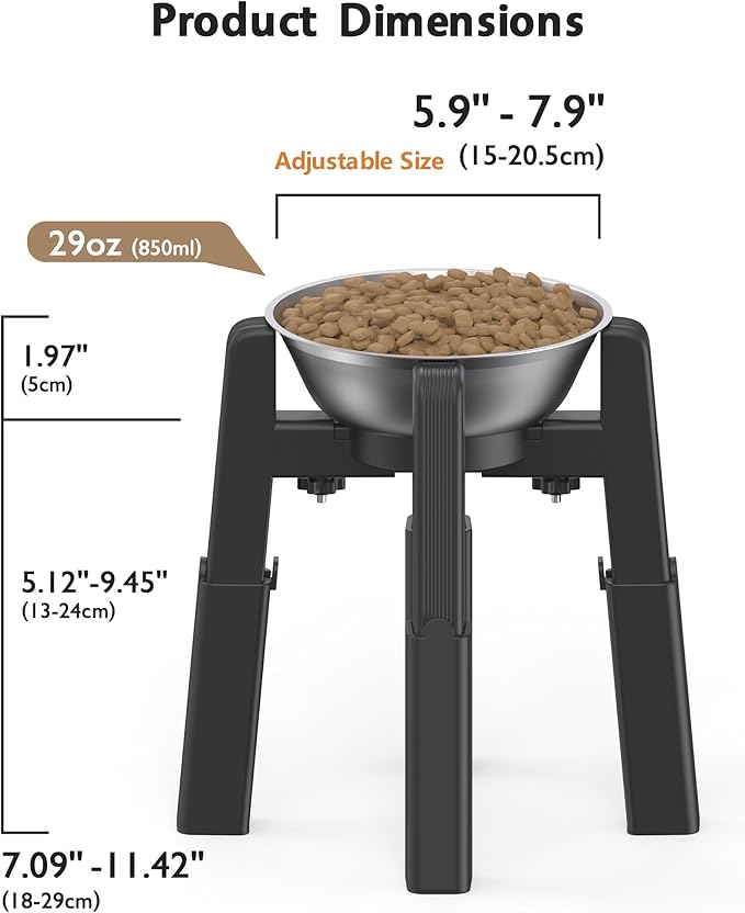 CZPET Dog Bowl Stand, 51 oz Large Capacity Raised Elevated Dog Food/Water Stainless Steel Feeder, Size and Height Adjustable & Anti-Slip Stand for Medium Dogs (2 Pack)