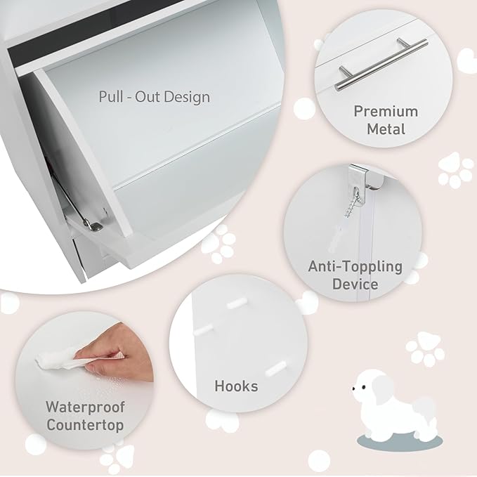 Pet Feeding Station Large Dog Feeding Station with Storage Dog Food Storage Cabinet with 2 Elevated Dog Bowls, Dog Food Storage Container, Pet Toy Storage Organizer, White PV10010WH