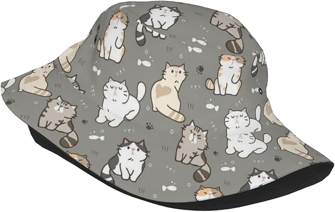 Cute Cat Print Bucket Hat Fisherman Hat Beach Travel Sun Hat Outdoor Cat Cap for Men Women