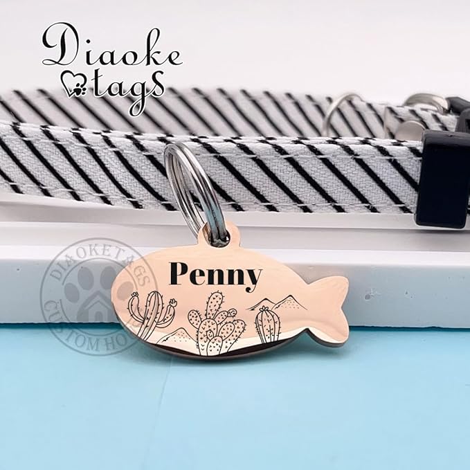 Stainless Steel Cat ID Tag Personalized Pet Tags with up to 4 Lines of Custom Text, Small Pet Mini Dog Cat Tag Lightweight, Engraved on Both Sides, Multiple Patterns Colors Size Options (Oasis)