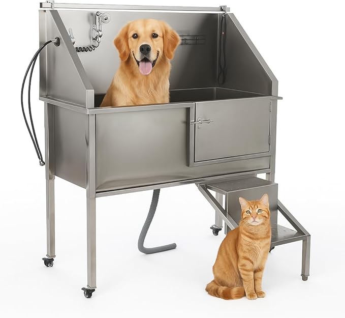 COZIWOW 56" Dog Washing Station, Large Dog Wash Station for Home, Stainless Steel Dog Grooming Tub, Professional Dog Bathing Station with Shower Hose, Washing Gloves, Floor Grate