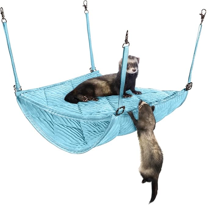 Ferret Hammock for Cage - Plush Double Bunk Bed Hanging Clips - Perfect for 2 or More Small Pets! (Rats, Ferrets, Hamsters, Guinea Pigs, Chinchillas & Squirrels) - Blue