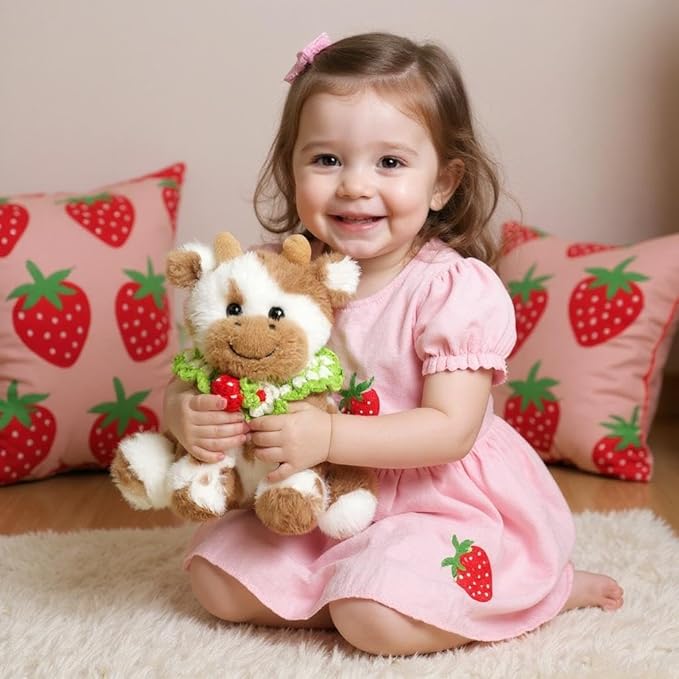 Hopearl Adorable Plush Cow Toy with Knitted Cute Strawberry Bib Floppy Dairy Cattle Soft Stuffed Animal Gifts for Boys Girls Kids Toddlers, Light Brown, 9''