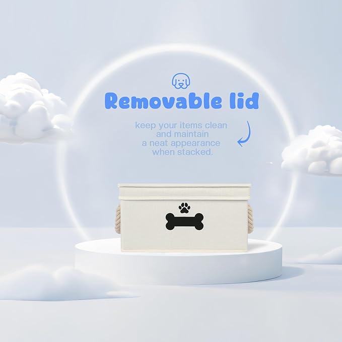 Dog Toy Basket with Lid, Dog Basket for Toys, Dog Toy Box with Cotton Rope Handles, Collapsible Storage Bins for Dog Toys, Dogs Storage Organizer, Beige