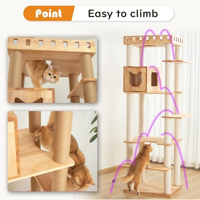 74" Wooden Cat Tree Tower for Large Cats, Multi-Level Cat Climbing Furniture with Scratching Posts, Cat Condo & Hammock, Natural Wood Cat Activity Center(White)