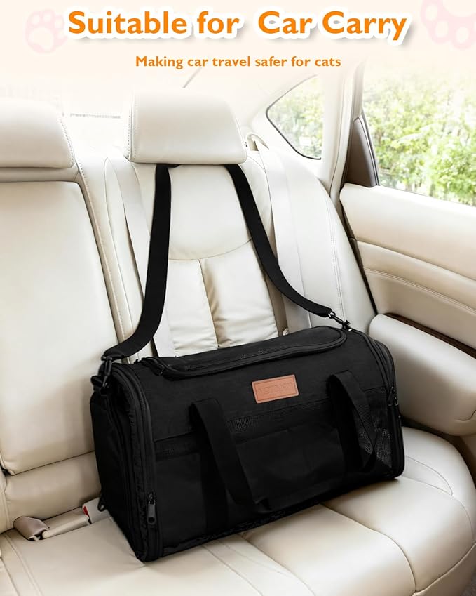 PETUX TSA Approved Pet Carrier in Cabin - 17"x11"x9.5", Underseat, Soft Sided Cat Carriers with Safety Zippers and Anti-Scratch Mesh for Small Cat up to 12 lb, Ideal for Travel and Vet Visit, Black