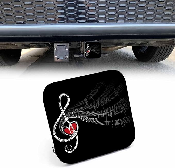 Auto Hitch Cover for Trucks Music Notes, Swirl Treble Love Music Sheet Notes Sturdy Rubber Hitch Tube Covers 2" Trailer Hitch Cover Tow Receiver Tube Plug Cap for Cars Sedans
