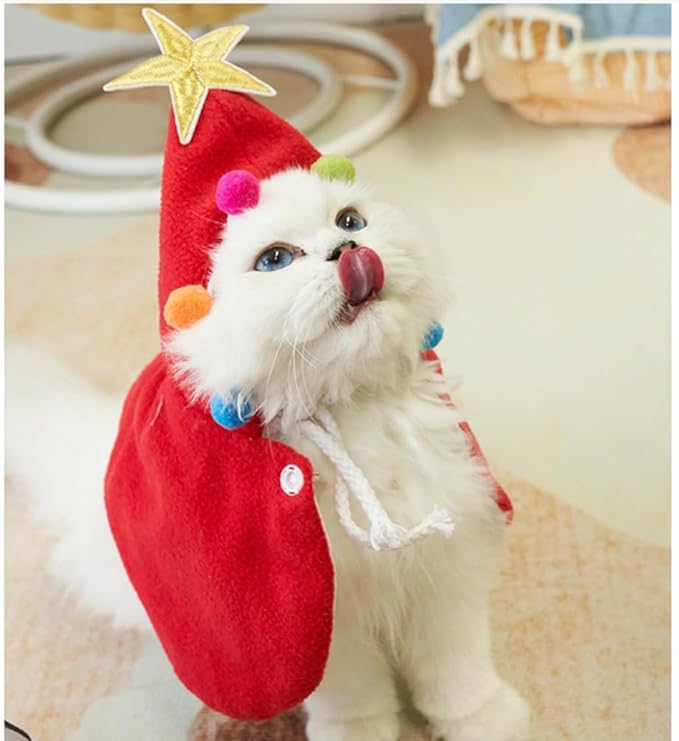 ANIAC Pet Dog Christmas Costume Puppy Xmas Cloak with Star and Pompoms Cat Santa Cape with Santa Hat Red Doggy Outfit Winter Cat Clothes for Kitten and Small to Medium Sized Dog (Medium, Red)