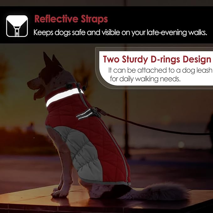 AOFITEE Dog Coat, Warm Dog Jackets for Small Dogs, Dogs Winter Coat with Harness Built in, Reflective Pet Winter Jacket, Waterproof Windproof Puppy Puffer Jacket Fleece Vest, Christmas Red XS