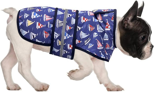HDE Dog Raincoat Jacket Reflective Adjustable Hooded Pet Poncho Rain Coat with Leash Hole for Small to X-Large Dogs Nautical Boats - M