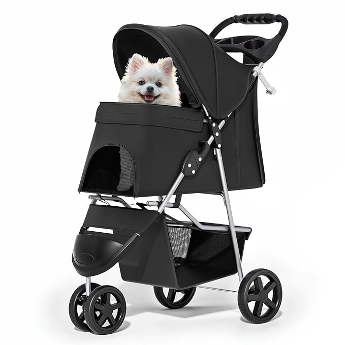 MoNiBloom Foldable Pet Stroller with Weather Cover, 3 Wheels Pet Strolling Cart for Small/Medium Dogs and Cats with Storage Basket and Cup Holder, Breathable and Visible Mesh for All-Season, Black