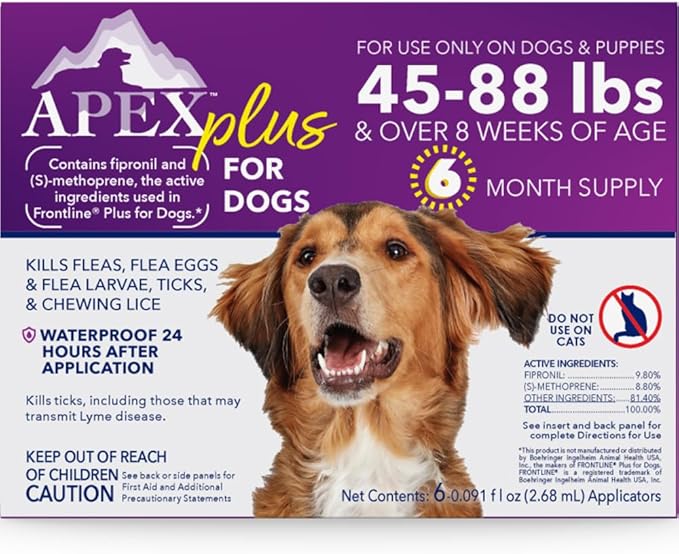 Apex Plus Flea and Tick Prevention for Dogs | Large (45-88 lbs) | 6-Month Supply | Dog Flea and Tick Treatment | 24-Hour Activation, Waterproof, 30-Day Protection