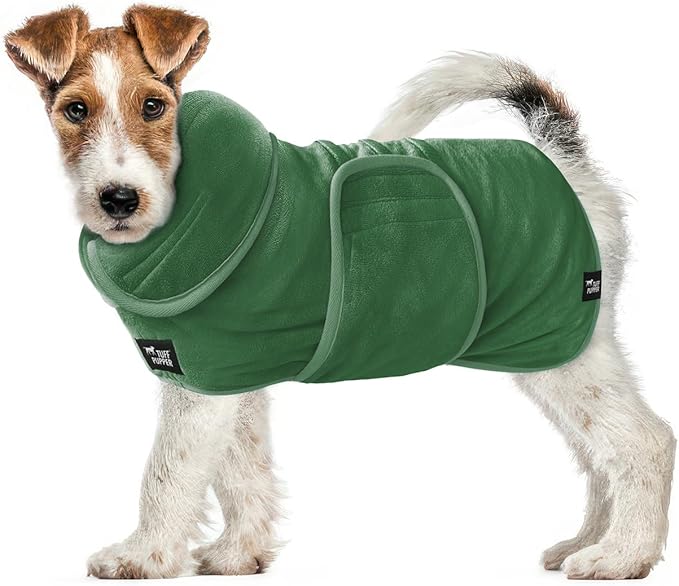 Tuff Pupper Fast Drying Dog Bath Robe | 800 GSM Plush Dog Towel Bathrobe/Dressing Gown | Super Absorbent Pet/Puppy Bathrobe | Adjustable Hood & Belly Strap | Super Soft | Fast Drying (XS, Green)
