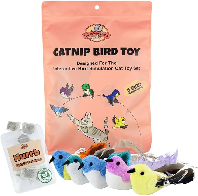 Whiskertons Interactive Bird Simulation Cat Toy Set, Interactive Cat Toys for Indoor Cats, Cat Feather Toy, Self-Holding Suction Base, 5 Catnip Birds, Feathers & Bells (5 Replacement Catnip Birds)