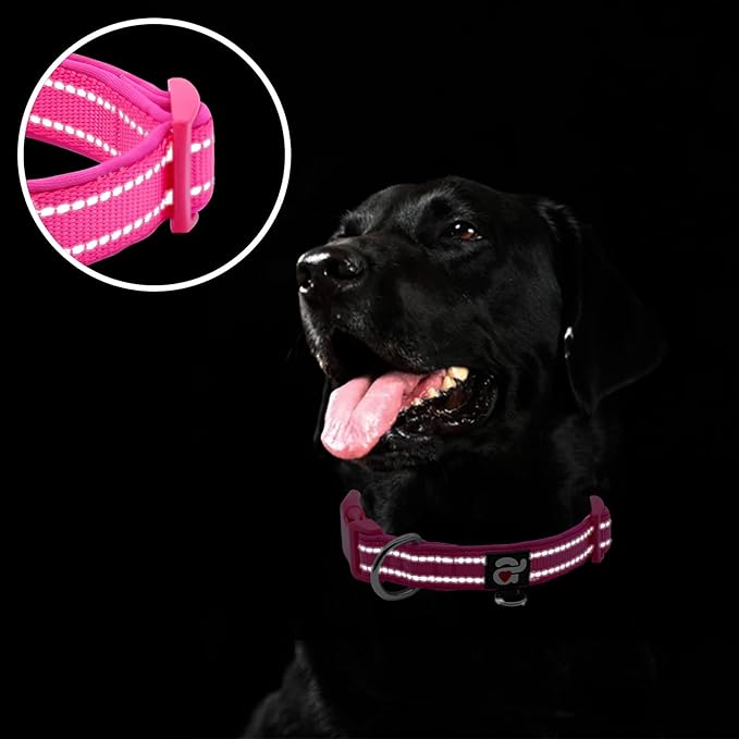 azuza Reflective Dog Collar, Soft Neoprene Padded Pet Collar with ID Tag Ring, Adjustable for Small Dogs,Hot Pink,S