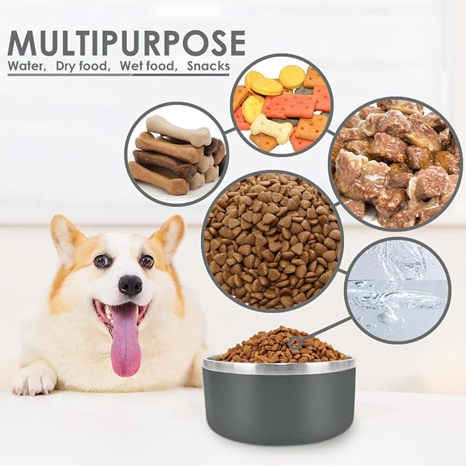 IKITCHEN Dog Bowl for Food and Water, 64 Oz Stainless Steel Pet Feeding Bowl, Durable Non-Skid Insulated Heavy Duty with Rubber Bottom for Medium Large Sized Dogs (64 Ounces/8 Cup, Grey)