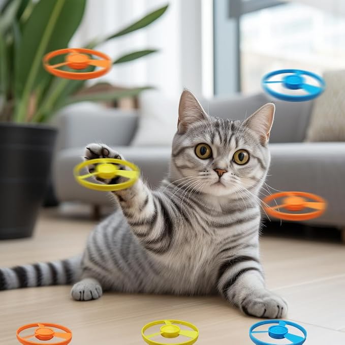 Flying Cat Toy for Indoor Kitten, Interactive Cat Fetch Toy with 1 Light Up Spinning Tops, and 5 Propellers, Flying dis Toy for Training Chasing
