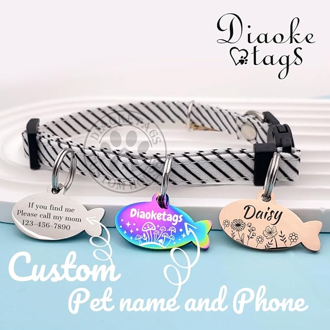 Stainless Steel Cat ID Tag Personalized Pet Tags with up to 4 Lines of Custom Text, Small Pet Mini Dog Cat Tag Lightweight, Engraved on Both Sides, Multiple Patterns Colors Size Options (Benthos)