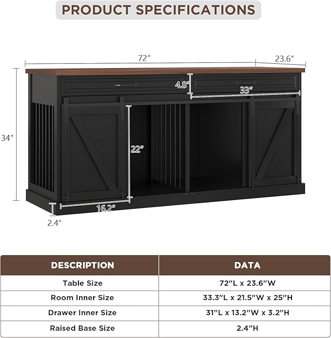 Furniture Style Dog Crate - Indoor Wooden Dog Kennel Furniture with 2 Sliding Barn Doors, 2 Drawers & Room Divider - 72" L x 23.6" W x 34" H - Black