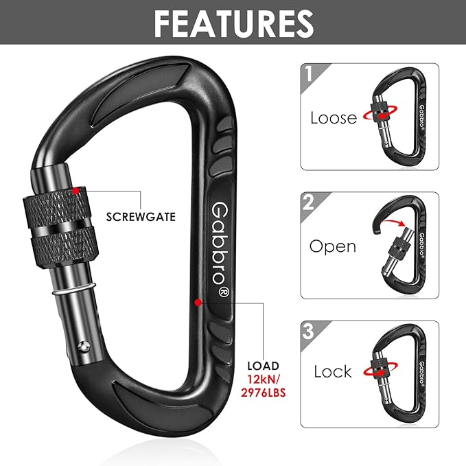 Gabbro Carabiner Clips Heavy Duty, | Wiregate Snap, Screw Locking, Aluminum, Lightweight Caribeener | for Hammock, Hiking, Camping, Water Bottle, Dog Leash Harness, Keychains