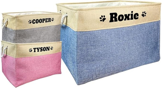 Custom Dog Basket for Toys Collapsible Storage Bin Grey Pink Blue Rectangular Pet Storage Organizer Box with Handles Extra Large Customized Name