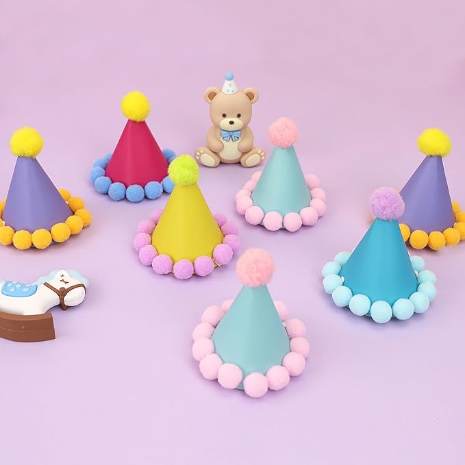 12 Pack Mini Party Hats for Stuffed Animals, Mini Hats with Pom Poms Dog Birthday Party Hats for Dolls Dog Cat Pet Birthday Decoration