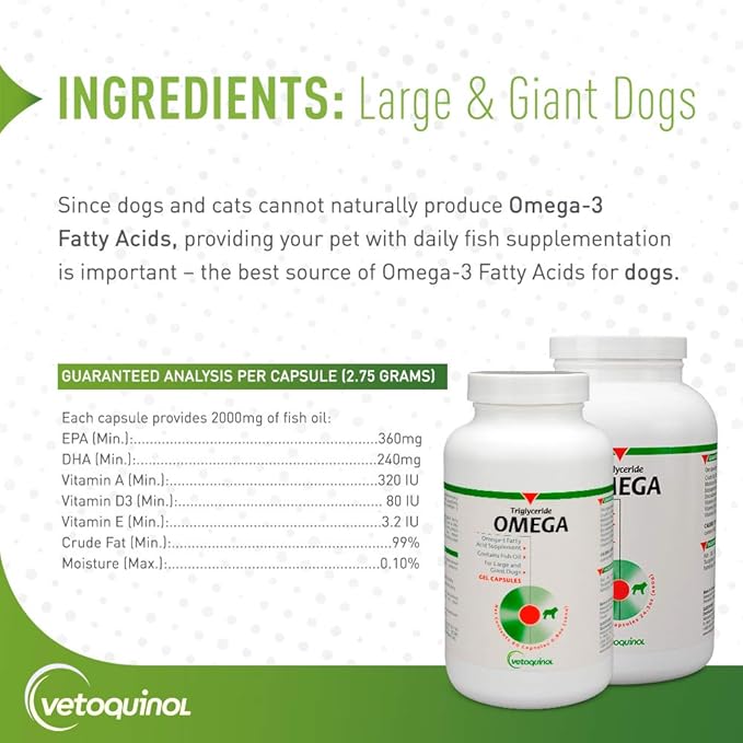 Vetoquinol Triglyceride Omega 3 Supplement for Dogs and Cats, Fish Oil Supplement with EPA and DHA, Promotes Skin, Coat, Joint, and Immune Health, Omega 3 Fish Oil for Dogs and Cats up to 30lbs, 250ct
